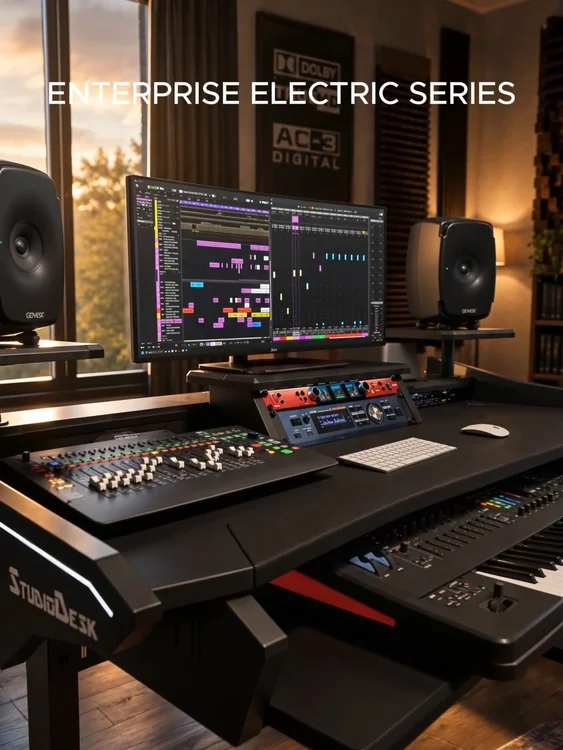 Every producer remembers the moment they stopped dreaming about the perfect studio...

...and started building it.

The Enterprise Electric isn't just a desk—it's the centerpiece of a workspace you'll be proud to walk into every single day.

Create without compromise.

#StudioDesk #EnterpriseElectric #StudioSetup #MusicProduction #DreamStudio #ProducerLife