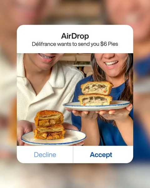 [PROMO] Accepting this AirDrop is a no-brainer 😉⁠
⁠
Start your Tasty Tuesdays with buttery, flaky pastry and hearty fillings - all for just $6 per pie.⁠
⁠
📍 Valid at all Délifrance outlets.⁠
🥧 Maximum 4 pies per customer.⁠
⁠
We'll be waiting for you every Tuesday at Délifrance! 💙